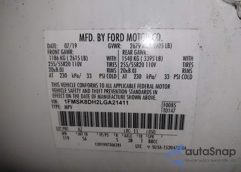 2020 Ford Explorer Xlt из США, поврежденный, VIN 1FMSK8DH2LGA21411